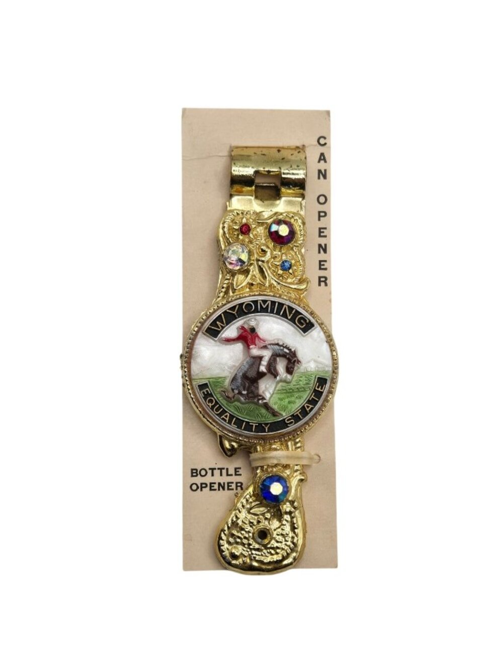 Vintage Wyoming Souvenir Can Piercer Bottle Opener Rodeo Cowboy Horse 1950s